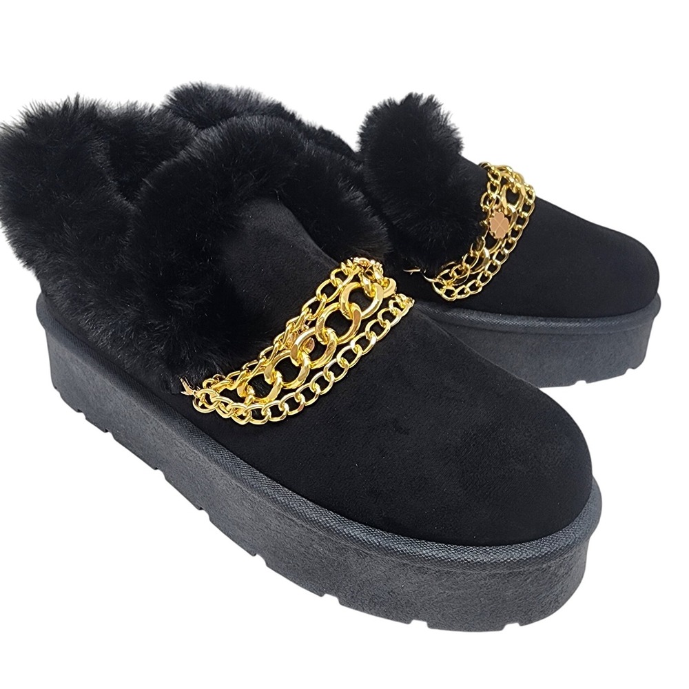 Black Faux Fur Chain Detail Platform‎ Mules Slip On Cozy Comfy Shoes 12